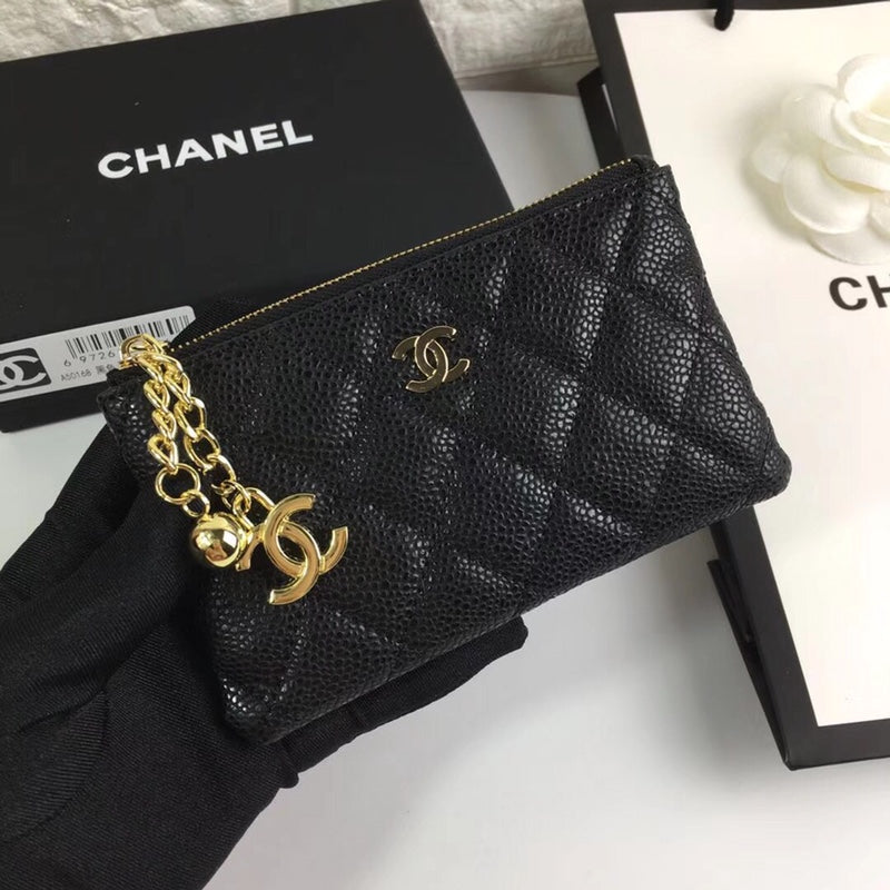 CHANEL CLASSIC SMALL ZIPPED POUCH 15 BLACK CALFSKIN GOLD ICON
