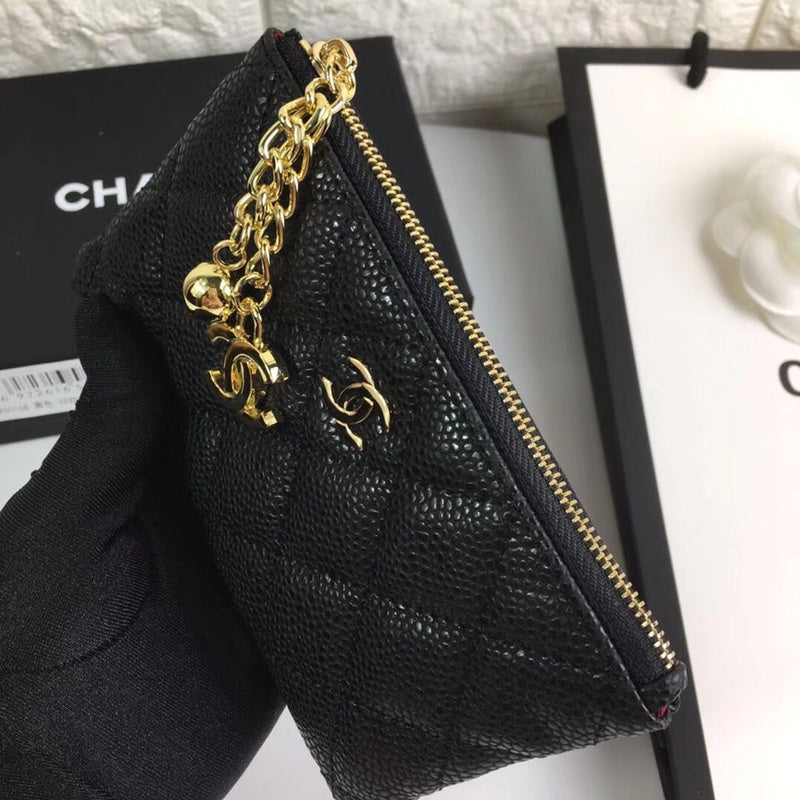 CHANEL CLASSIC SMALL ZIPPED POUCH 15 BLACK CALFSKIN GOLD ICON