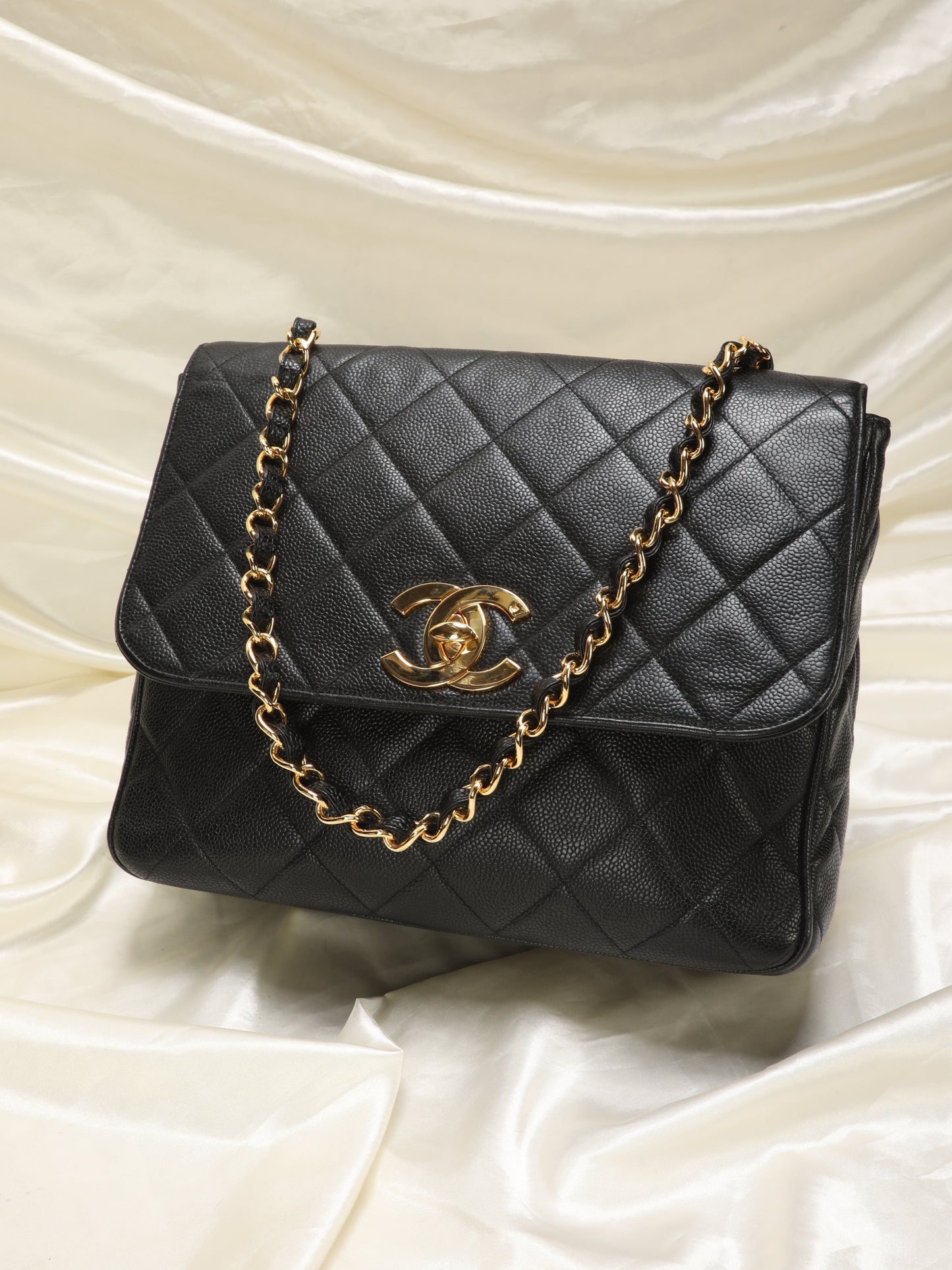 Extremely Rare Chanel XL Logo Caviar Turnlock Flap Bag