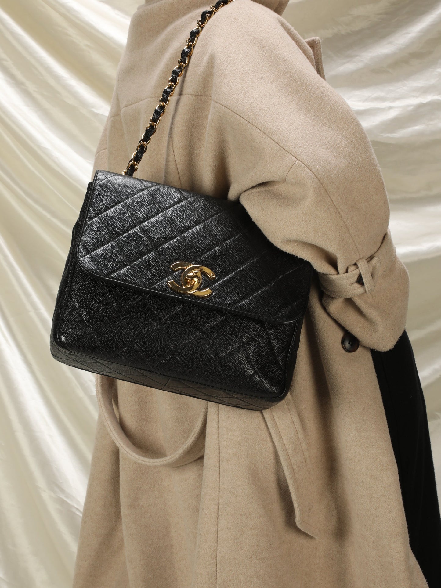 Extremely Rare Chanel XL Logo Caviar Turnlock Flap Bag