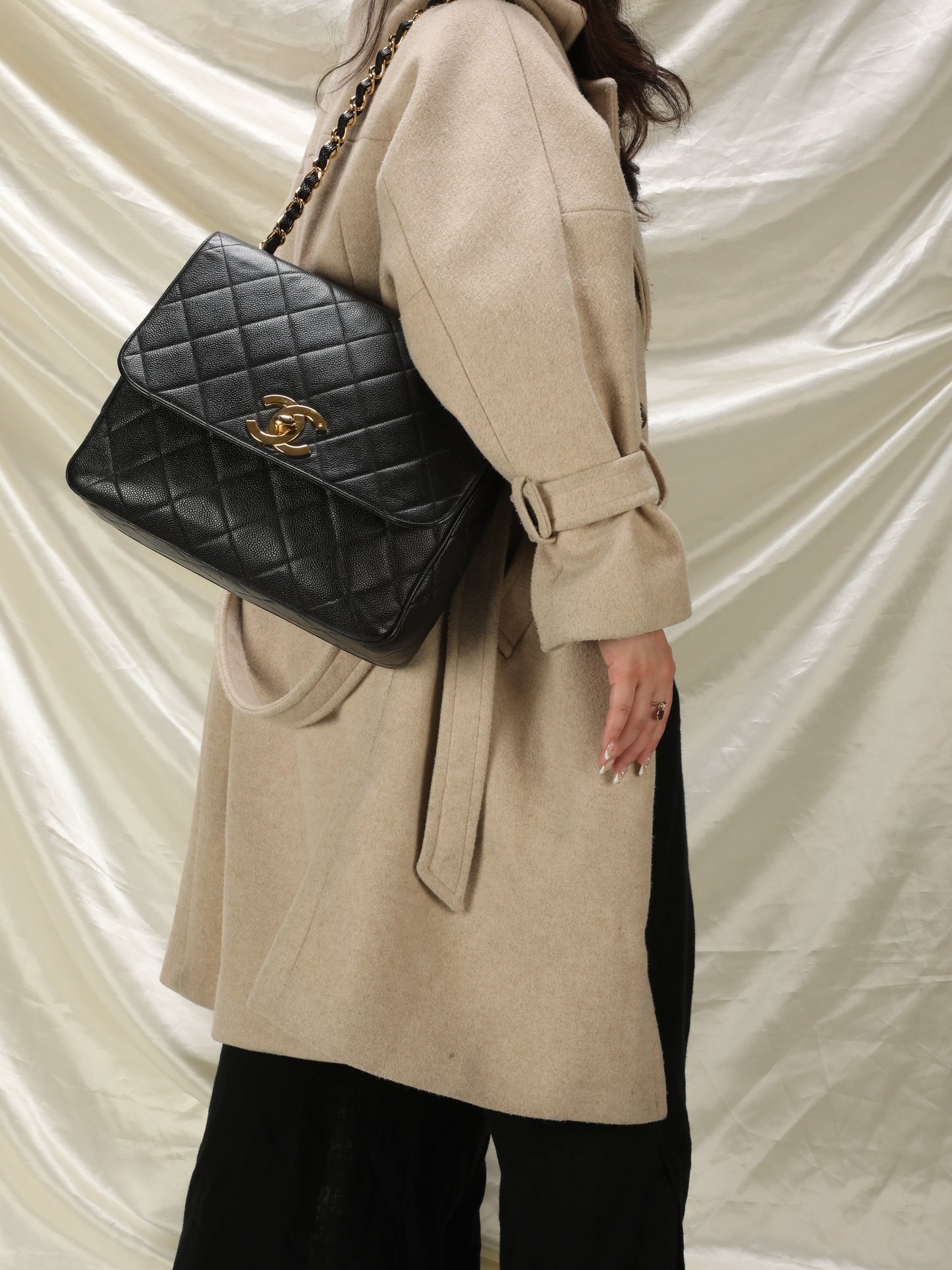 Extremely Rare Chanel XL Logo Caviar Turnlock Flap Bag