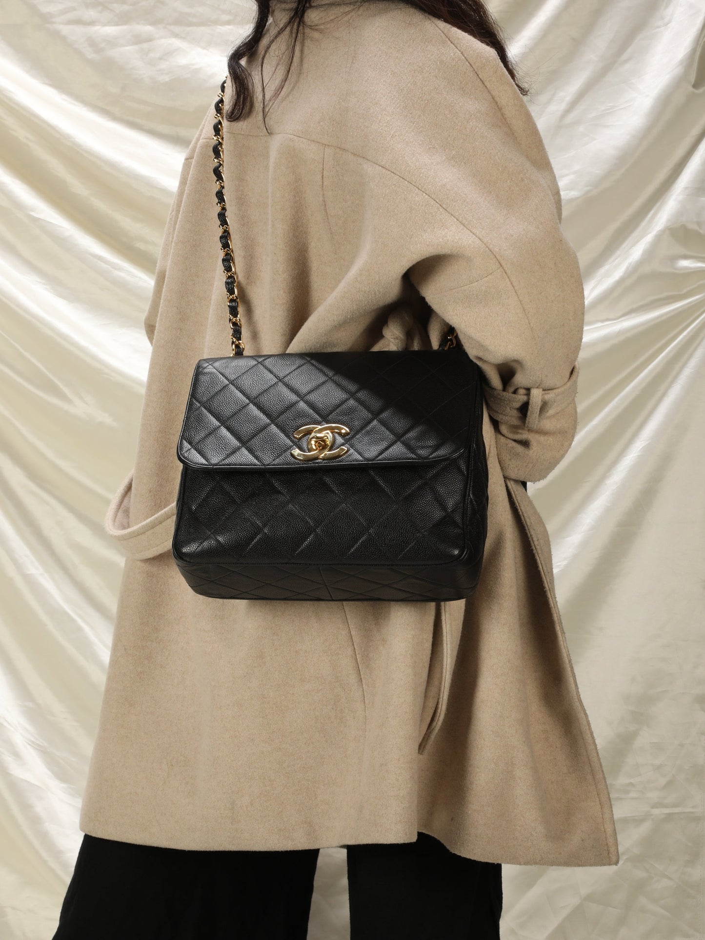 Extremely Rare Chanel XL Logo Caviar Turnlock Flap Bag