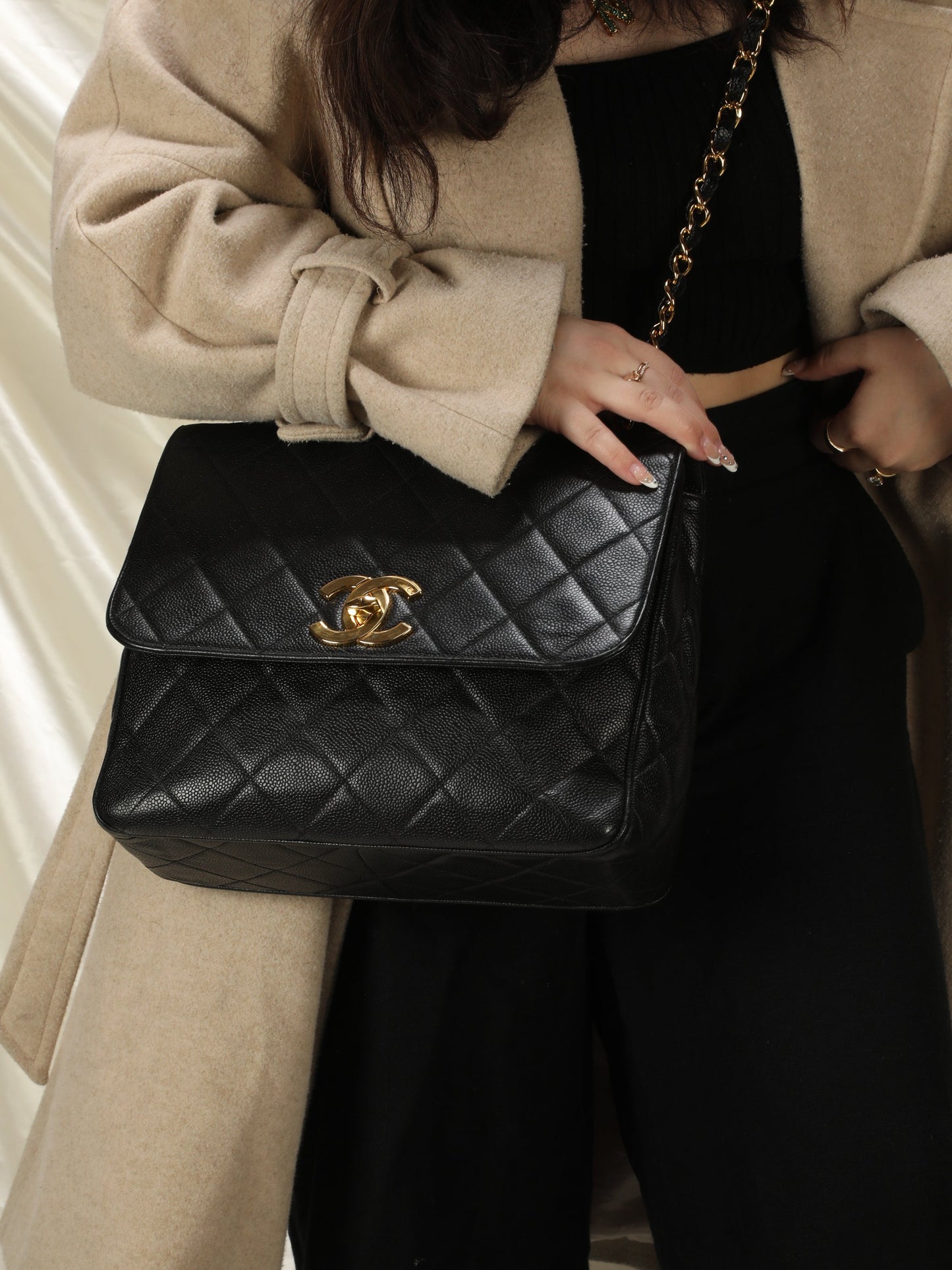 Extremely Rare Chanel XL Logo Caviar Turnlock Flap Bag