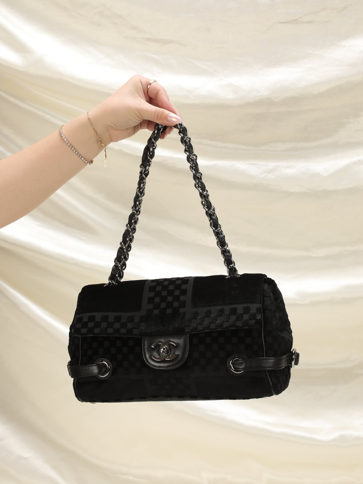 Chanel Velvet Checkered Chain Flap Bag