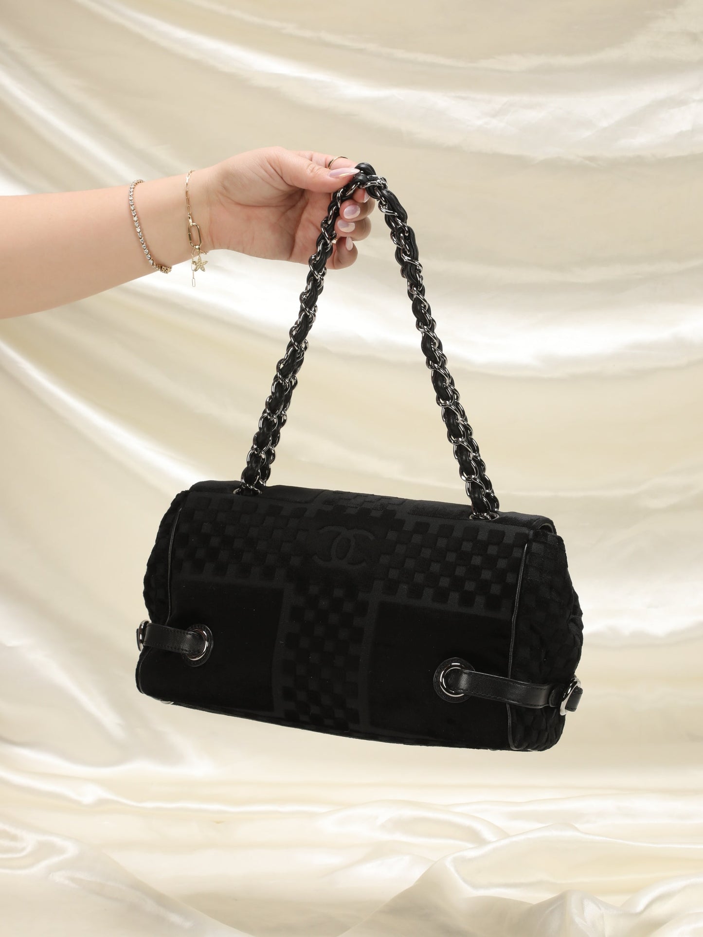Chanel Velvet Checkered Chain Flap Bag
