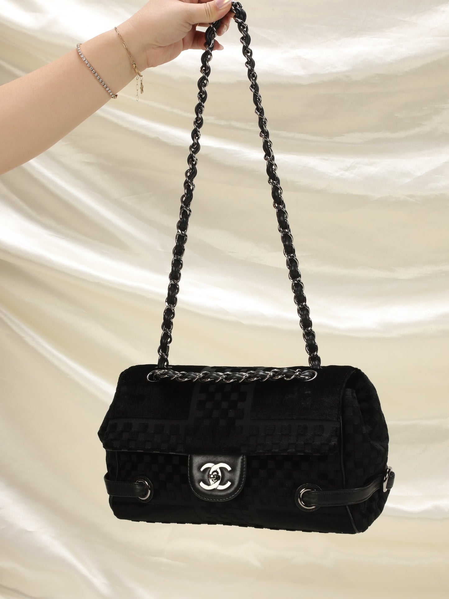 Chanel Velvet Checkered Chain Flap Bag