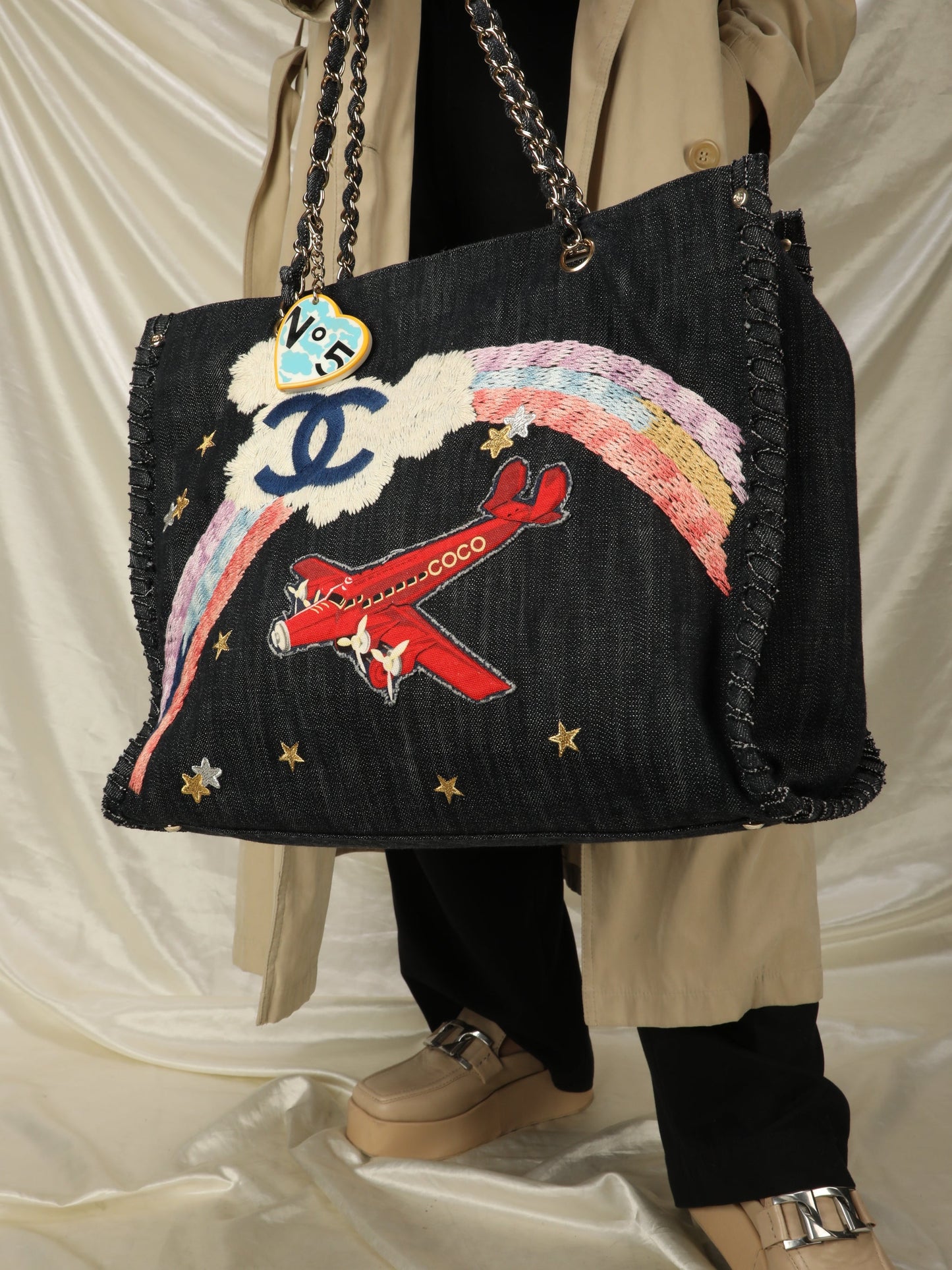 Extremely Rare Limited Edition Chanel Denim Embroidered Tote