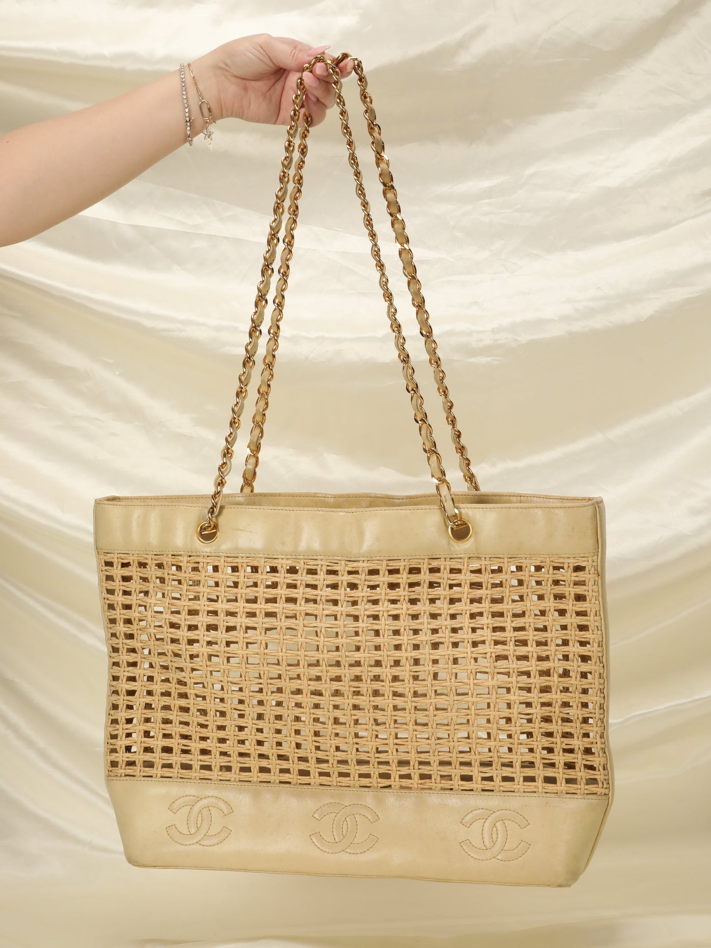 Extremely Rare Chanel Raffia & Lambskin Logo Tote