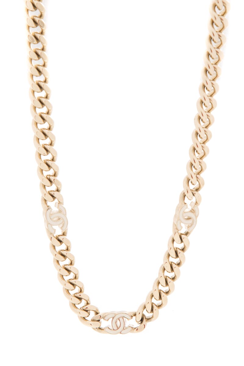 Chanel S/S 2022 Gold & Beige Enamel Logo CC Chain Necklace