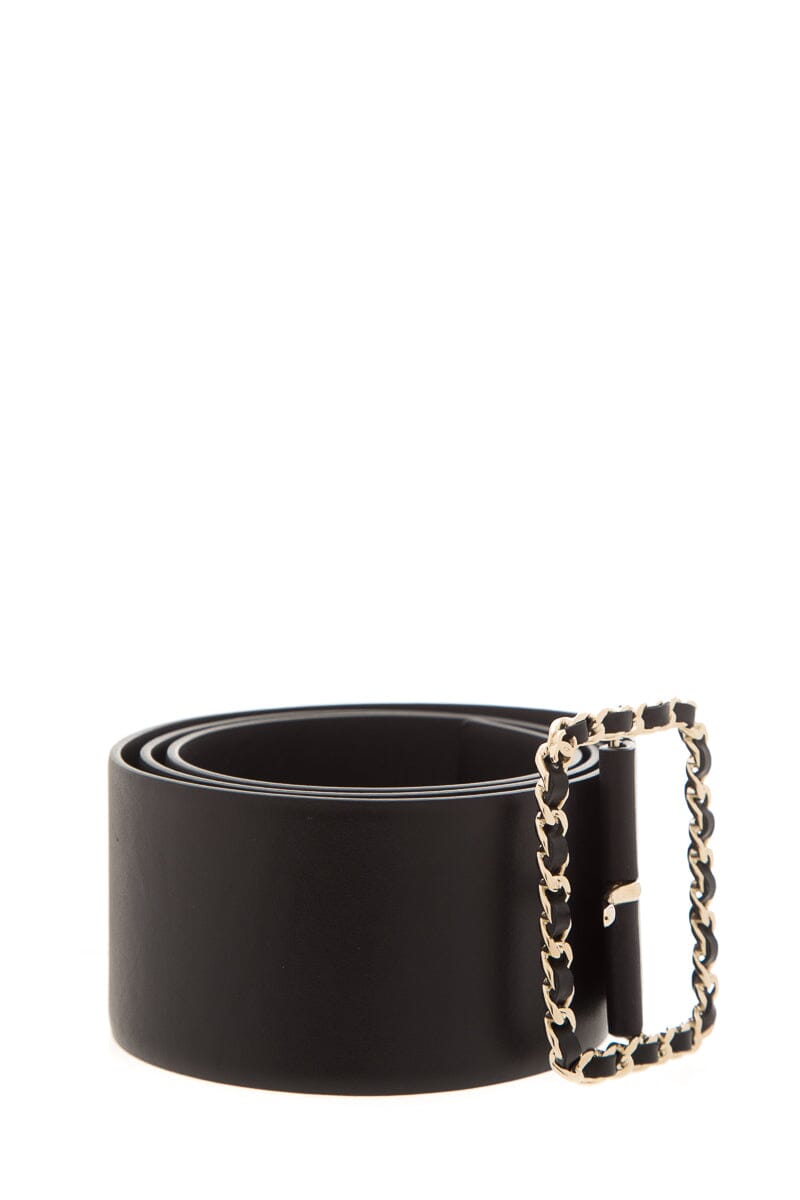 Chanel Black Leather Woven Buckle Wide Belt SZ 95/38