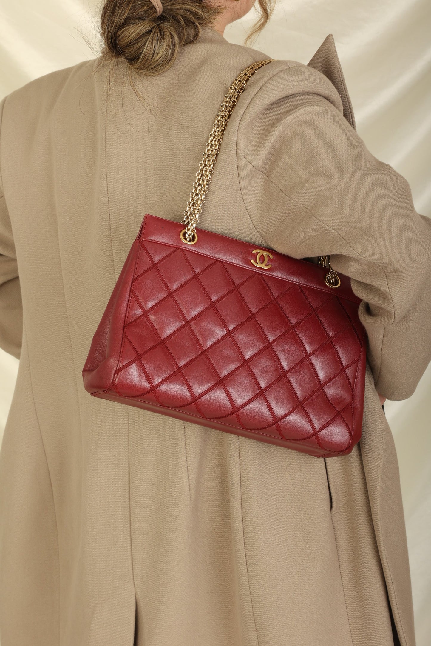 Chanel Calfskin Chain Burgundy Tote