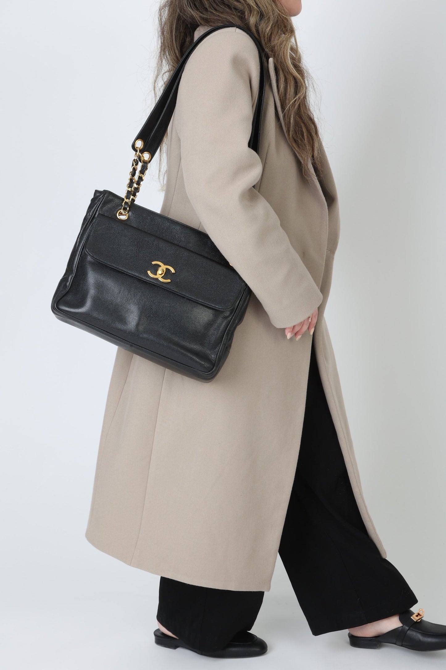 Chanel 1991 Double-Sided Caviar Turnlock Tote