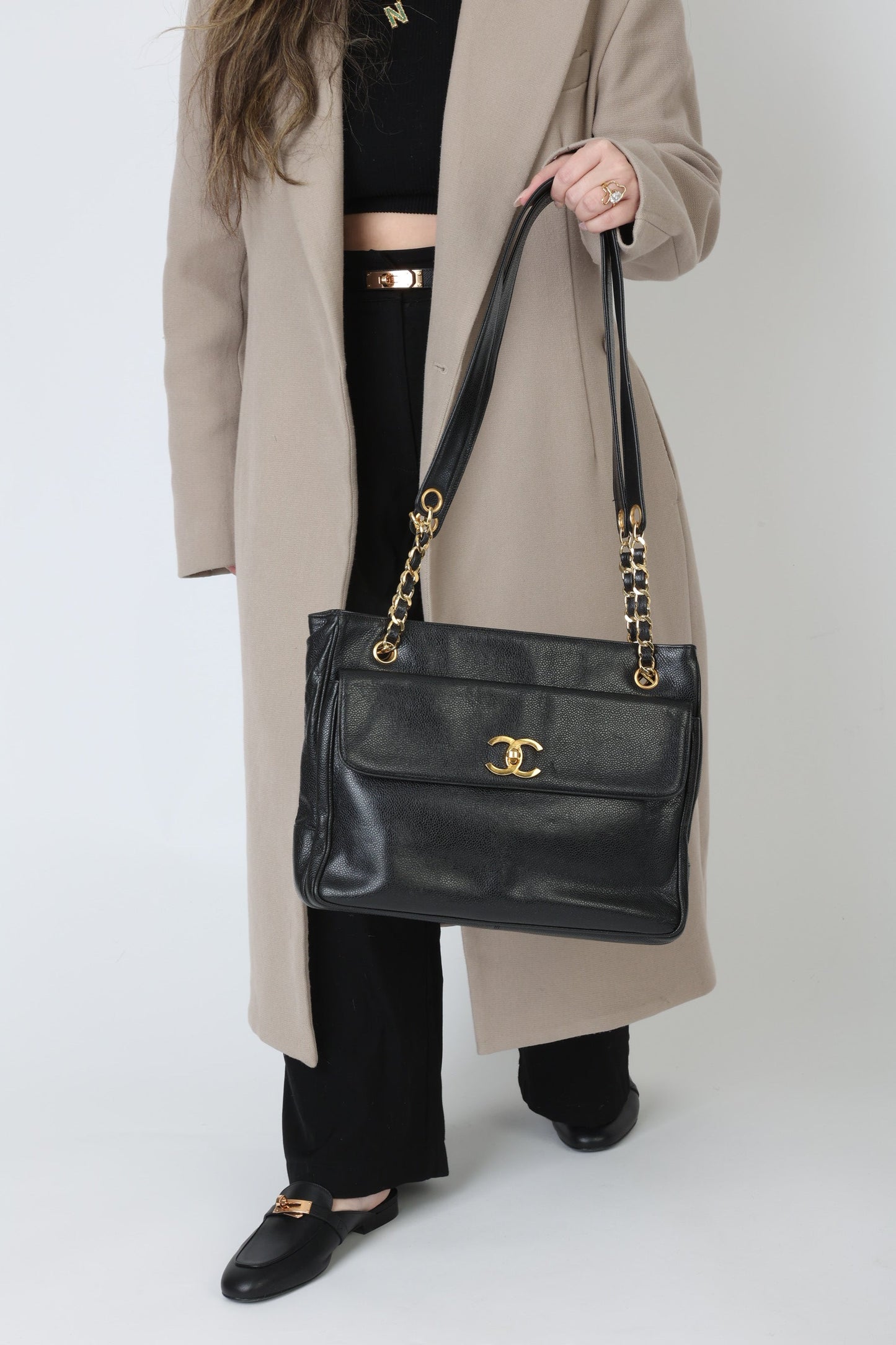 Chanel 1991 Double-Sided Caviar Turnlock Tote