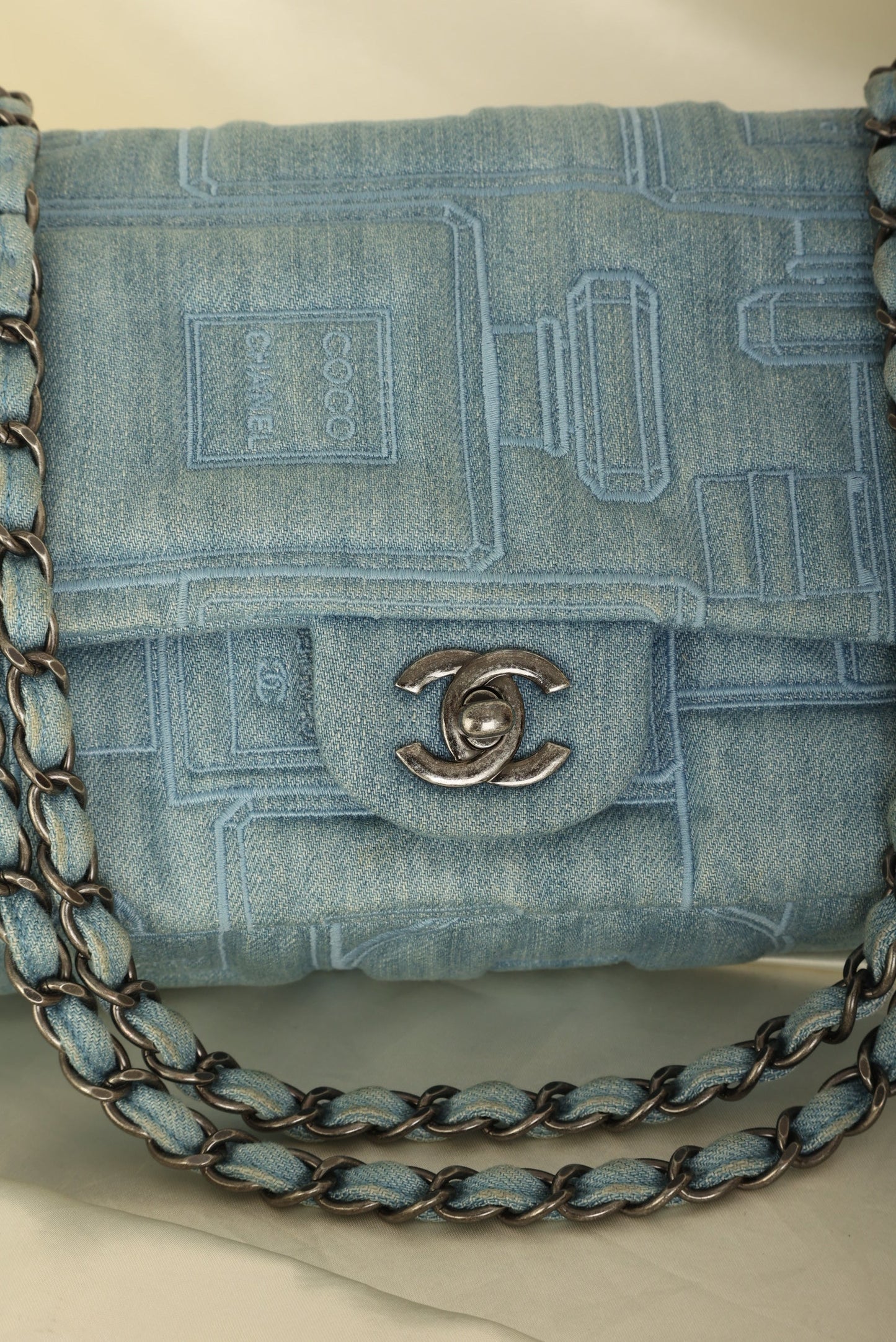 Extremely Rare 2016 Chanel Denim Perfume Embroidered Medium Flap