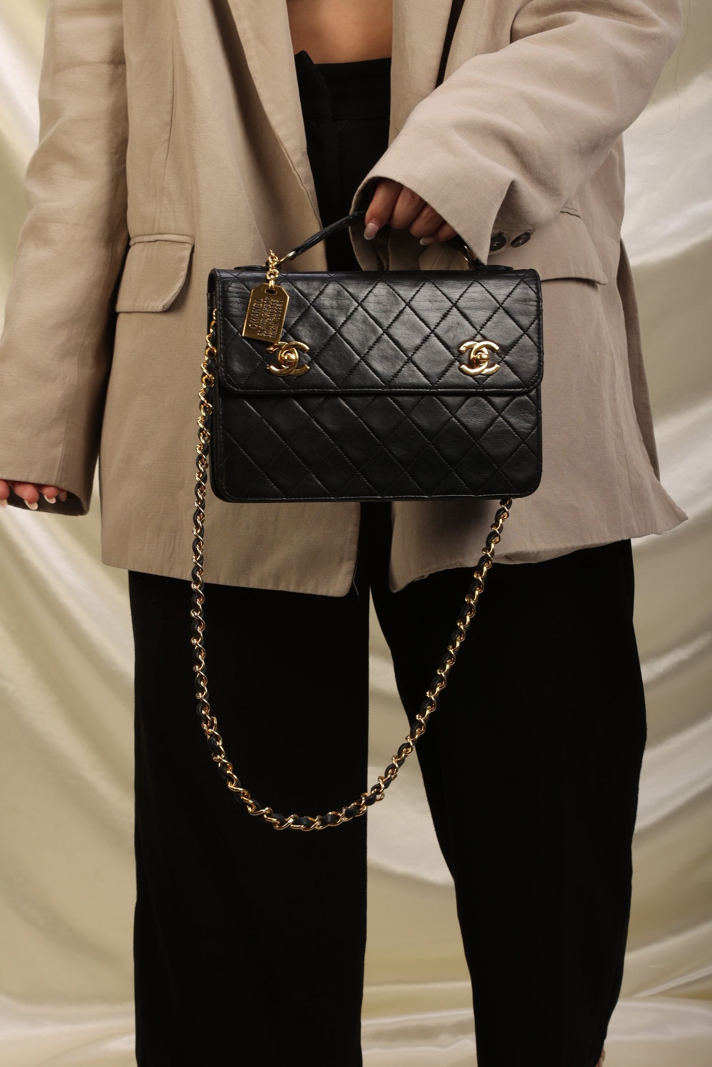 Extremely Rare Chanel 1989 Lambskin Double Turnlock Briefcase Bag