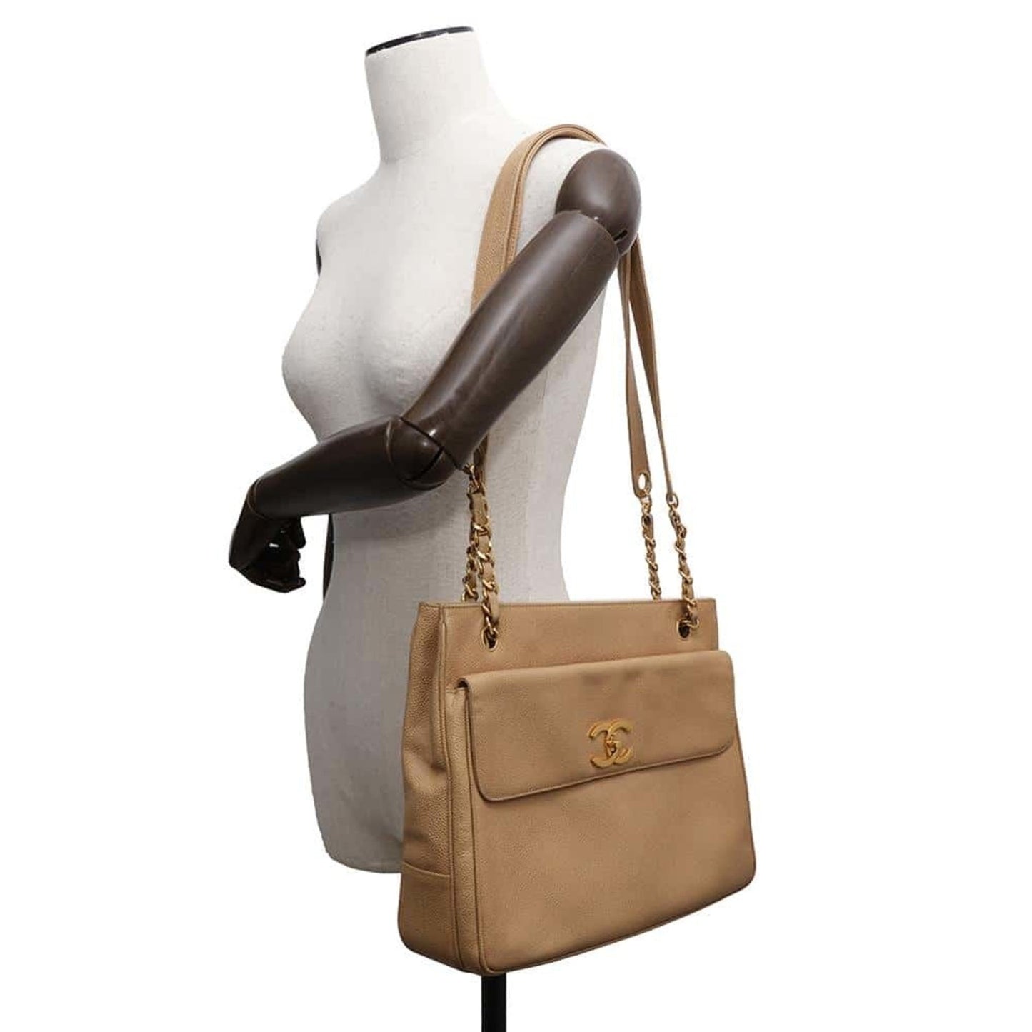 Chanel Sac Chain Tote en cuir caviar beige