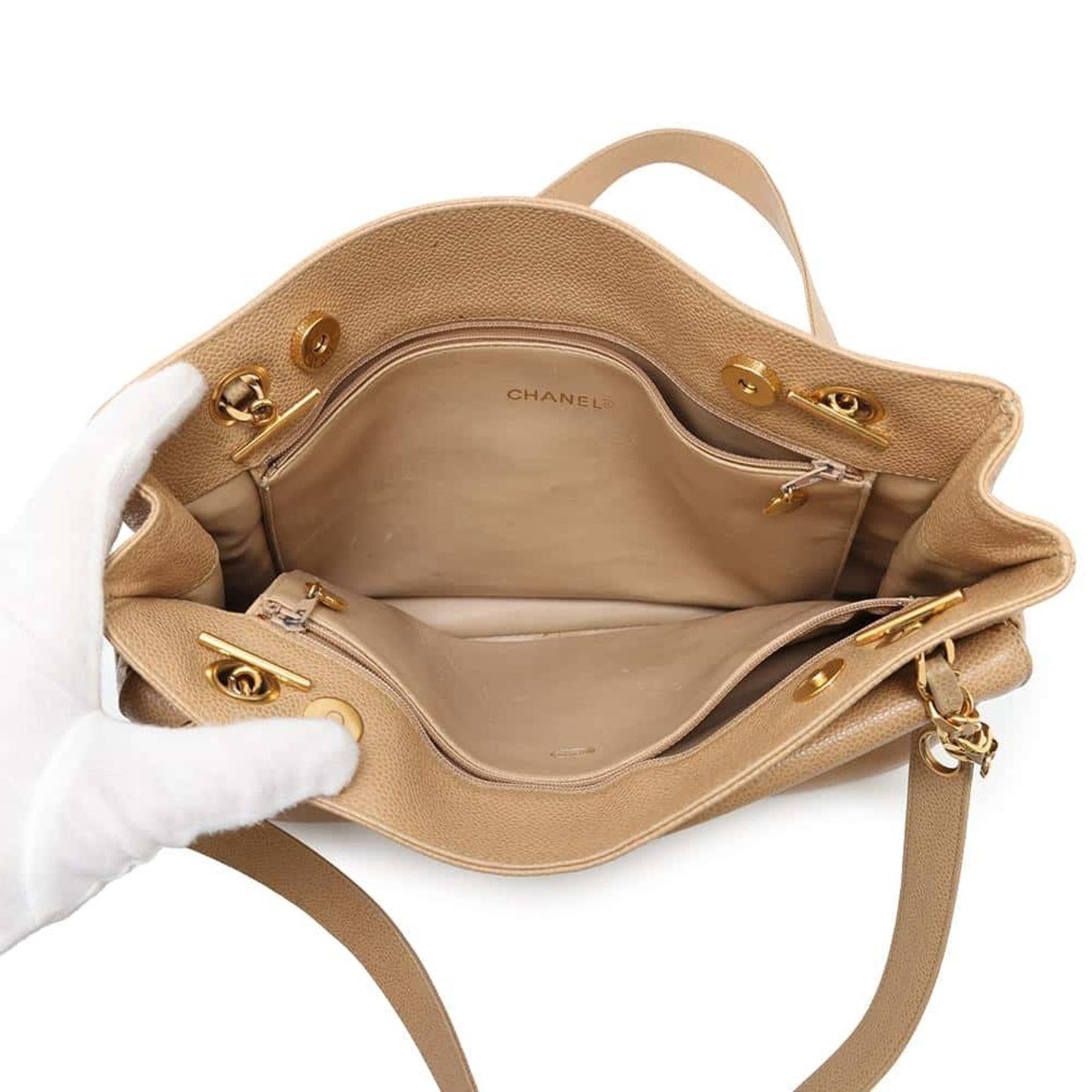 Chanel Sac Chain Tote en cuir caviar beige
