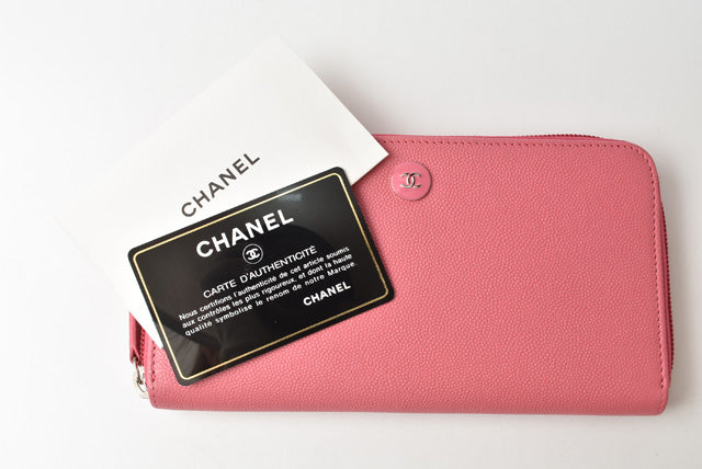 Chanel Leather Long Wallet Round Zipper Rose CC Mark
