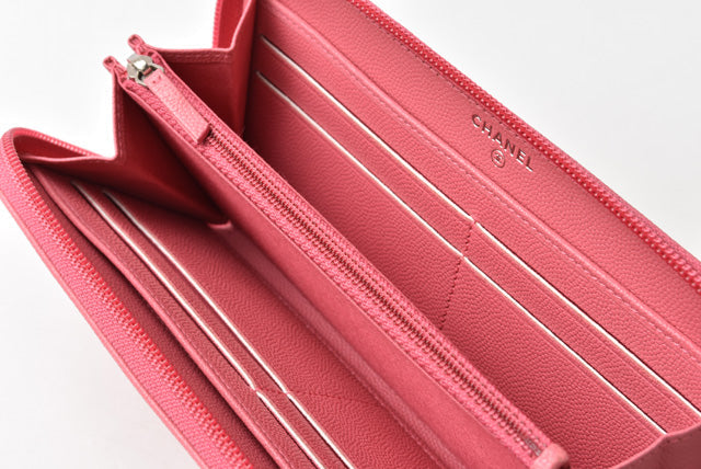 Chanel Leather Long Wallet Round Zipper Rose CC Mark