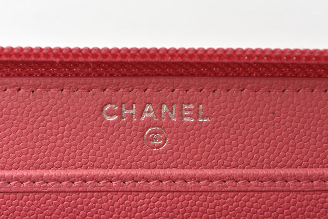 Chanel Leather Long Wallet Round Zipper Rose CC Mark