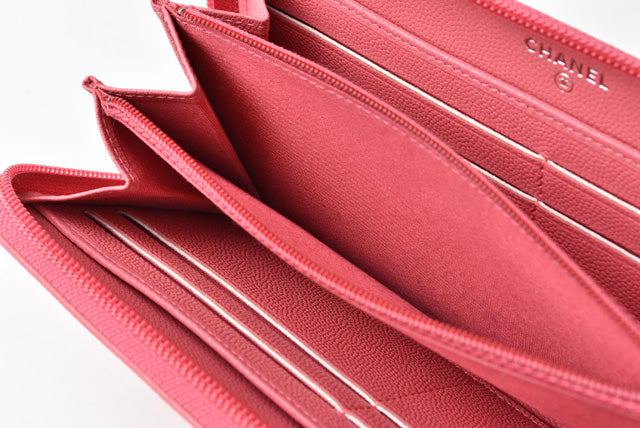 Chanel Leather Long Wallet Round Zipper Rose CC Mark