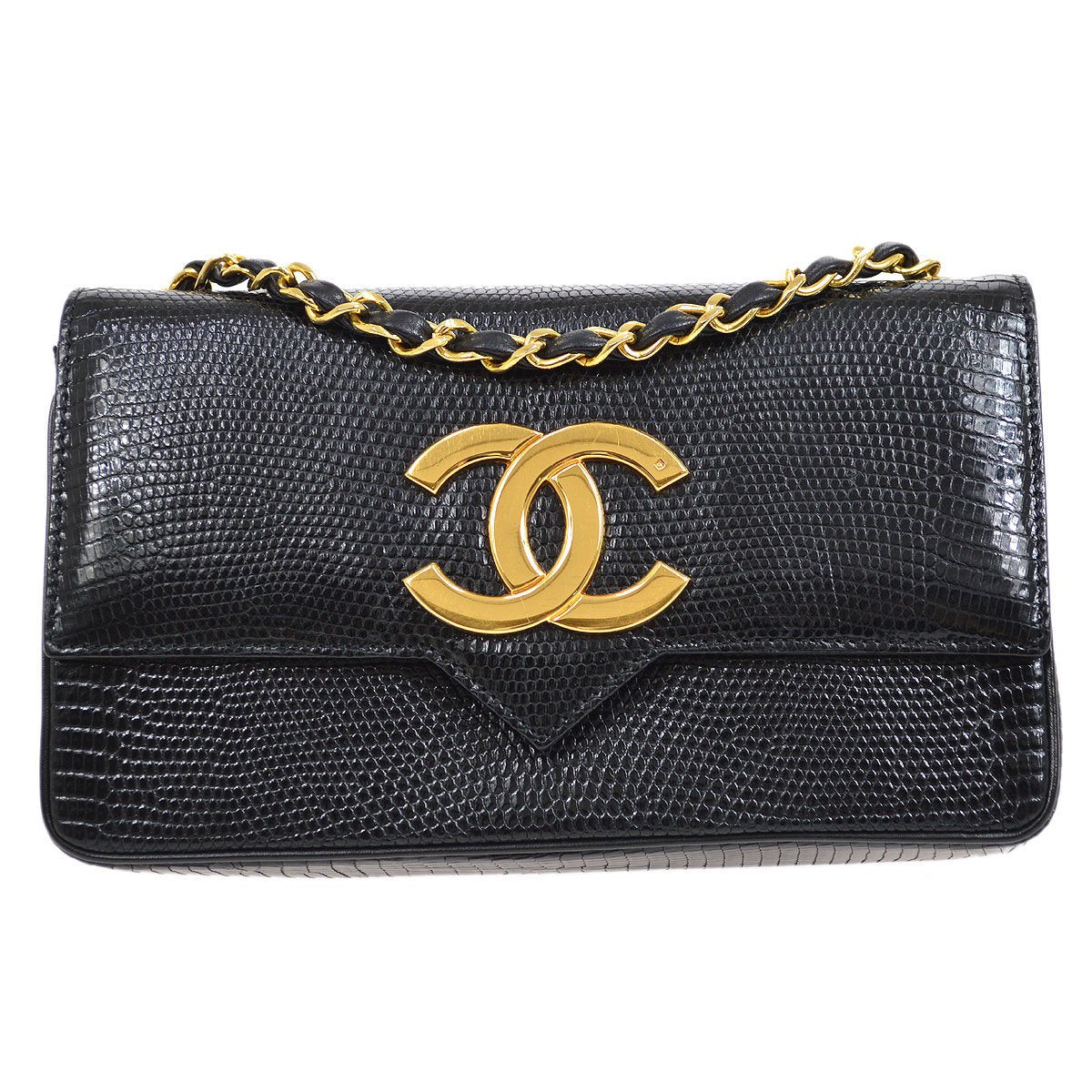 CHANEL 1986-1988 Black Lizard Pointed Flap