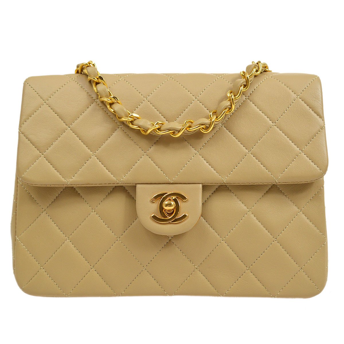 CHANEL 1989-1991 Classic Square Flap 20 Beige Lambskin