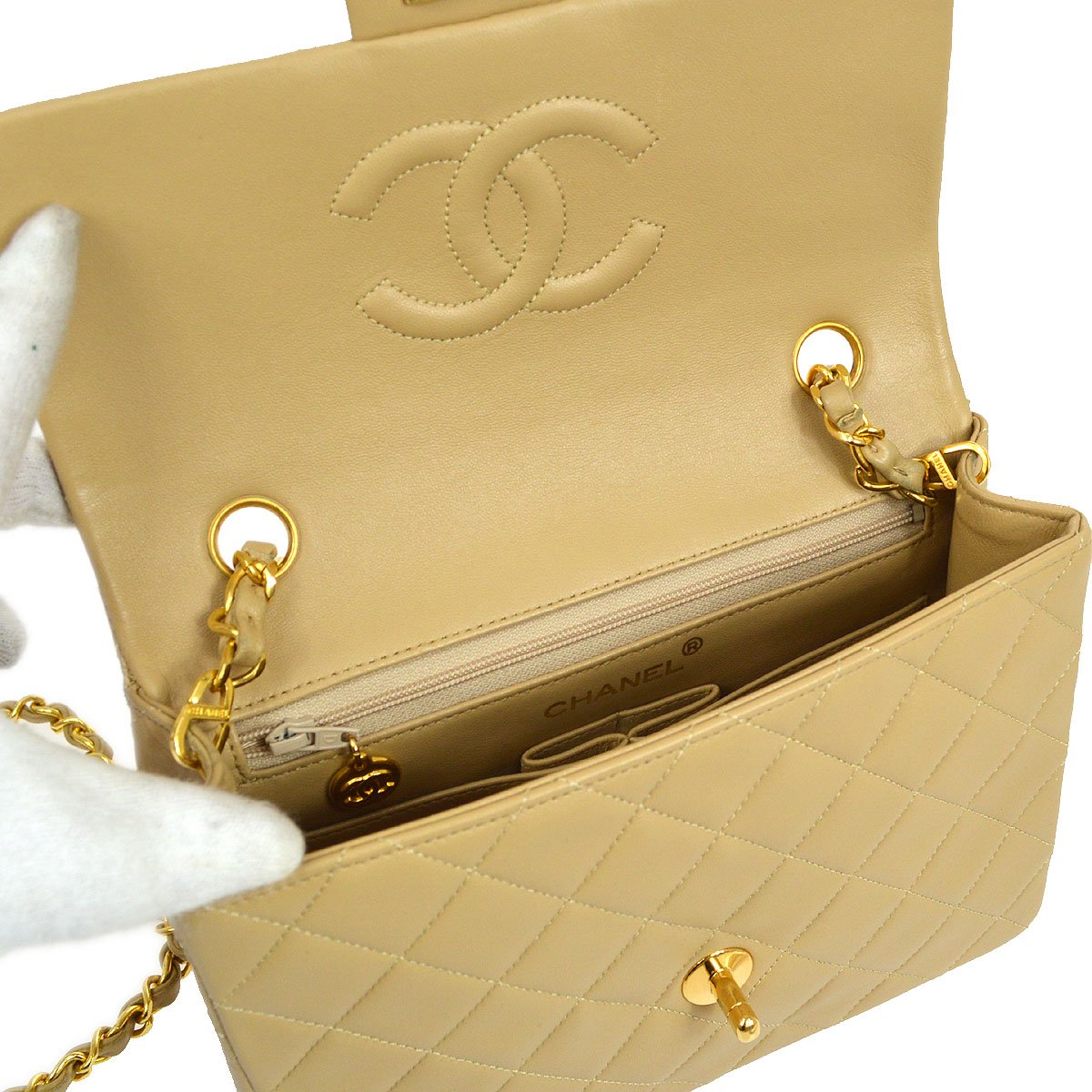 CHANEL 1989-1991 Classic Square Flap 20 Beige Lambskin