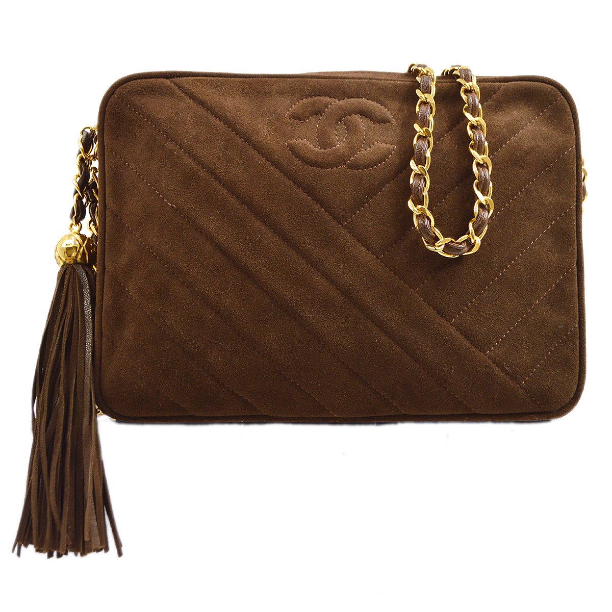 CHANEL 1991-1994 Brown Suede Diagonal Camera Bag Small