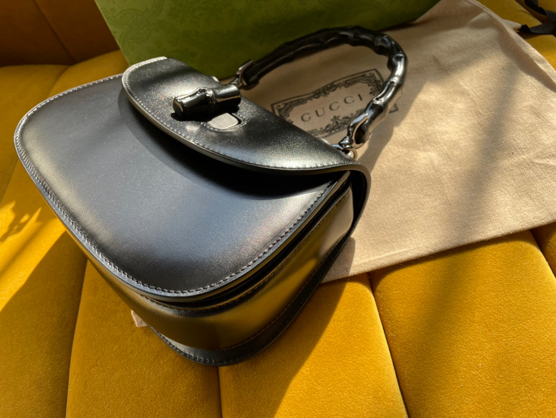 Gucci BAMBOO TOP HANDLE BAG 21 IN BLACK CALFSKIN