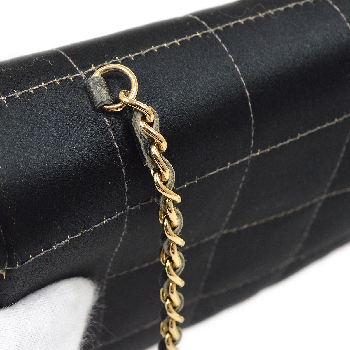 CHANEL 2003-2004 Camellia Choco Bar Chain Shoulder Bag Black Satin