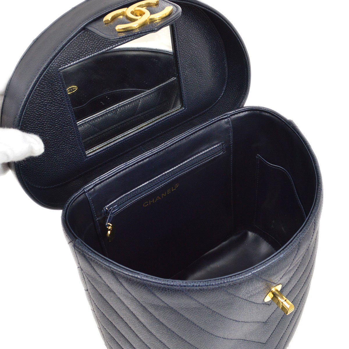 CHANEL 1990s Chevron Vanity Handbag Navy Caviar