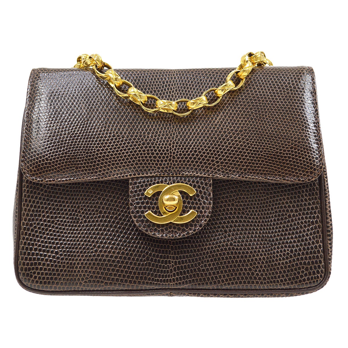 CHANEL 1989-1991 Classic Square Flap 17 Brown Lizard