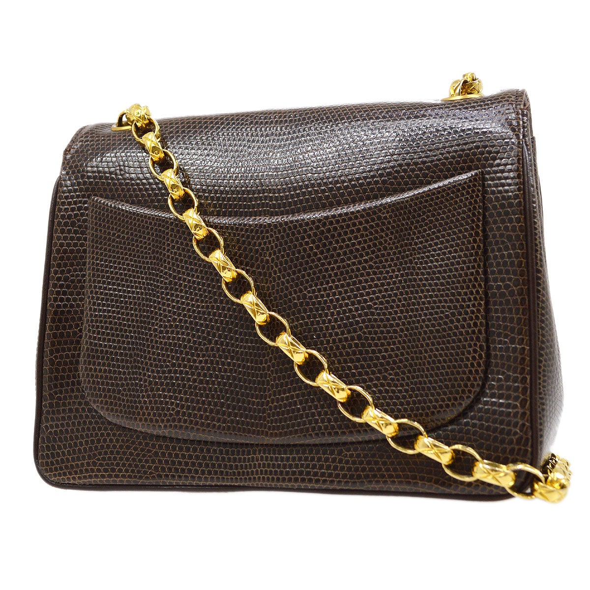 CHANEL 1989-1991 Classic Square Flap 17 Brown Lizard