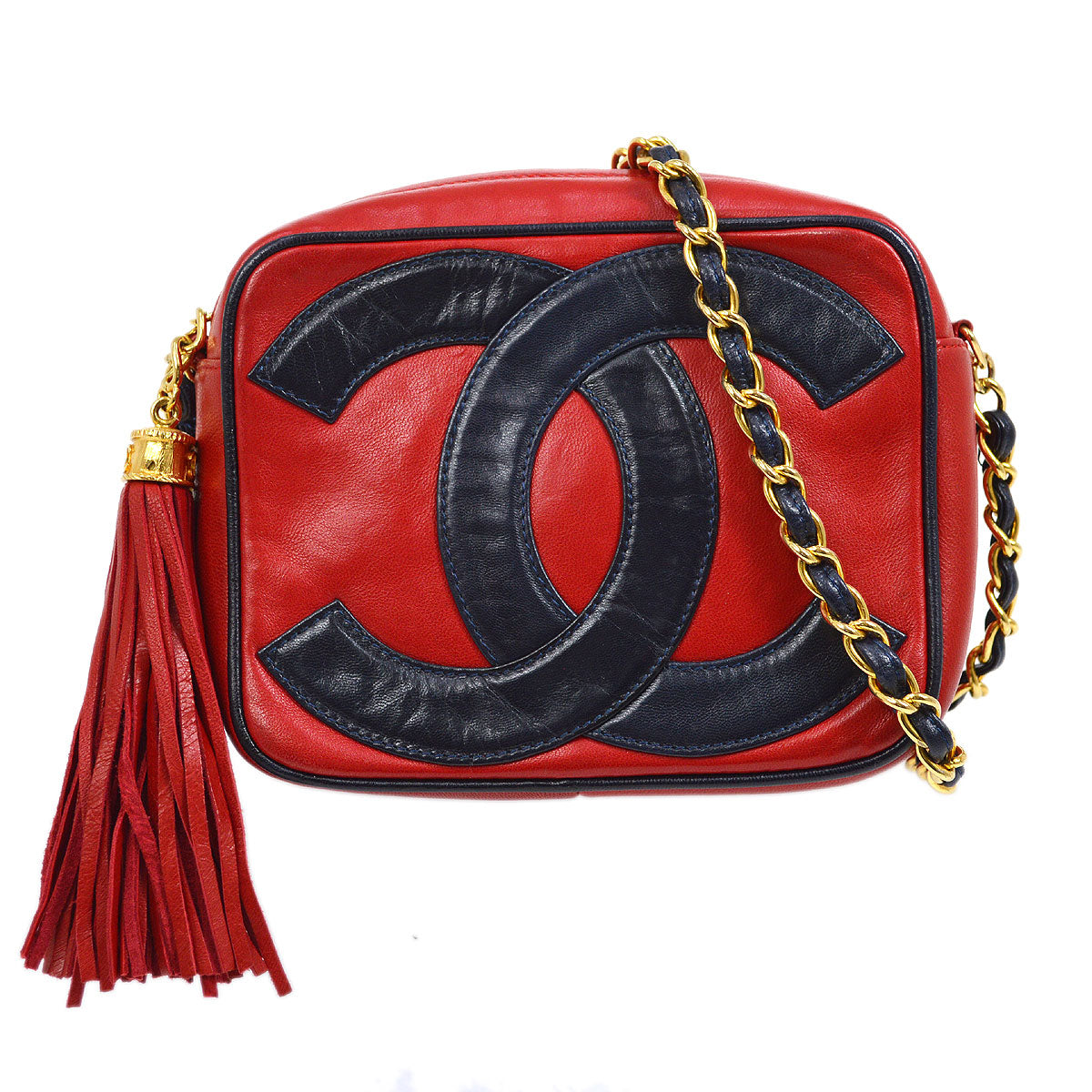 CHANEL 1986-1988 Red Navy Lambskin Camera Bag