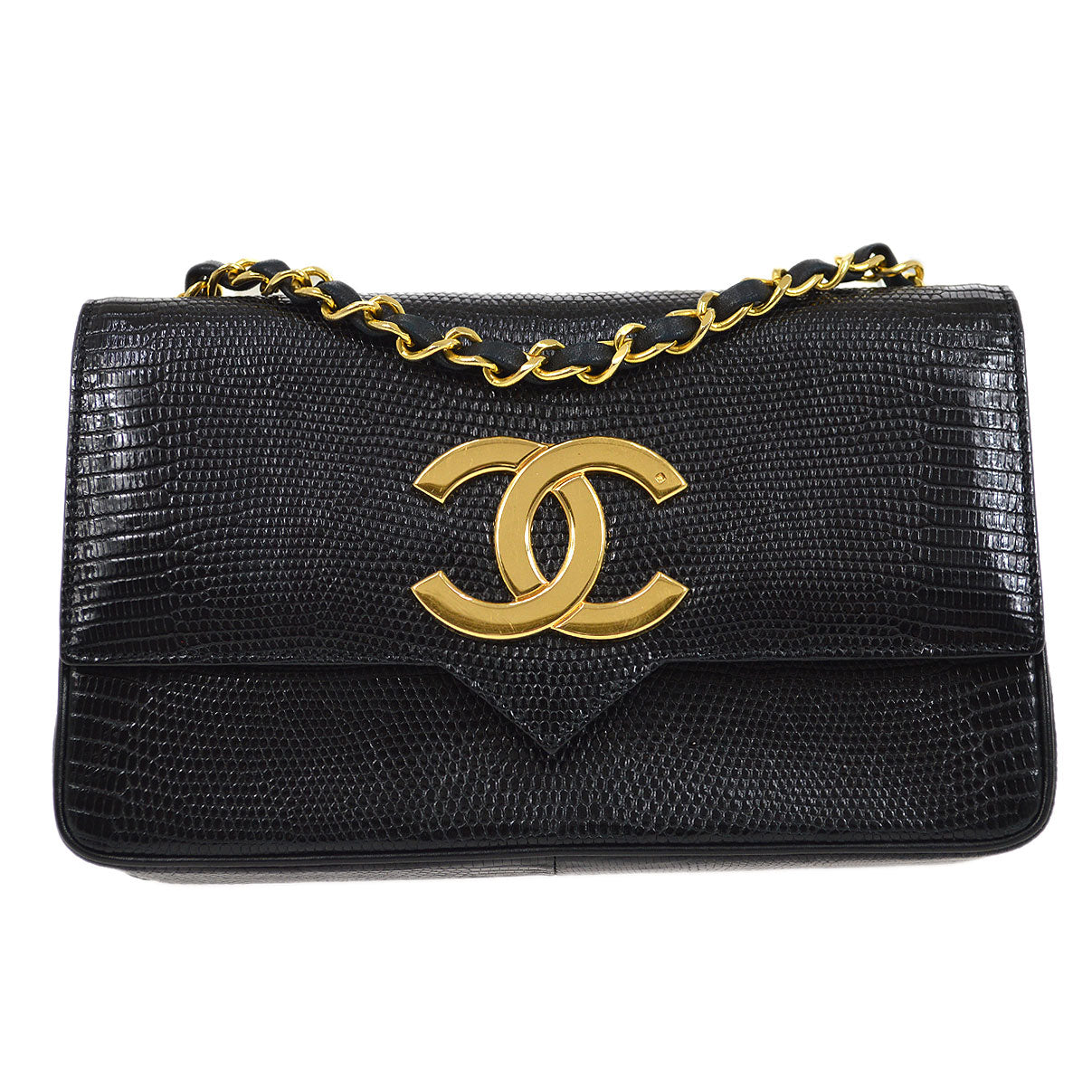 CHANEL 1989-1991 Black Lizard Pointed Flap Bag