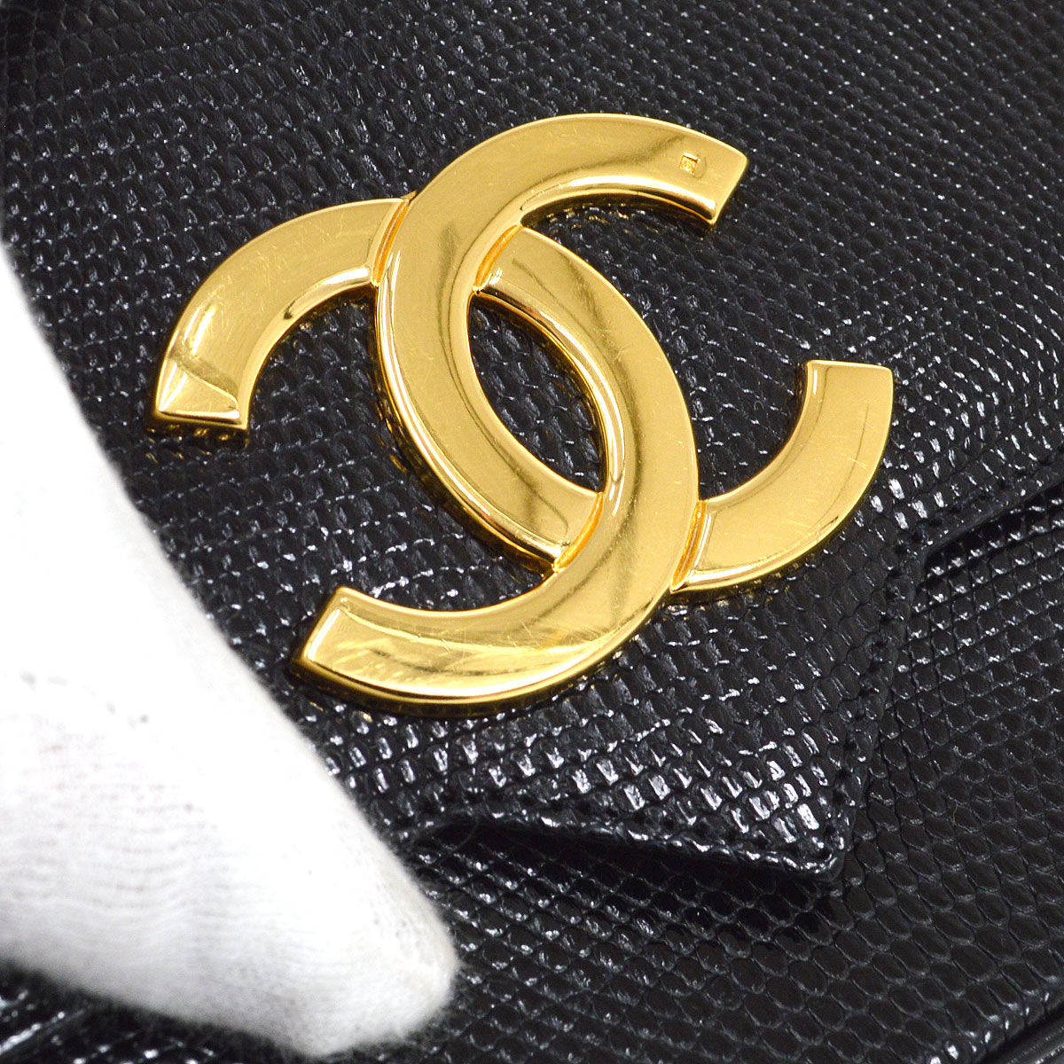 CHANEL 1989-1991 Black Lizard Pointed Flap Bag