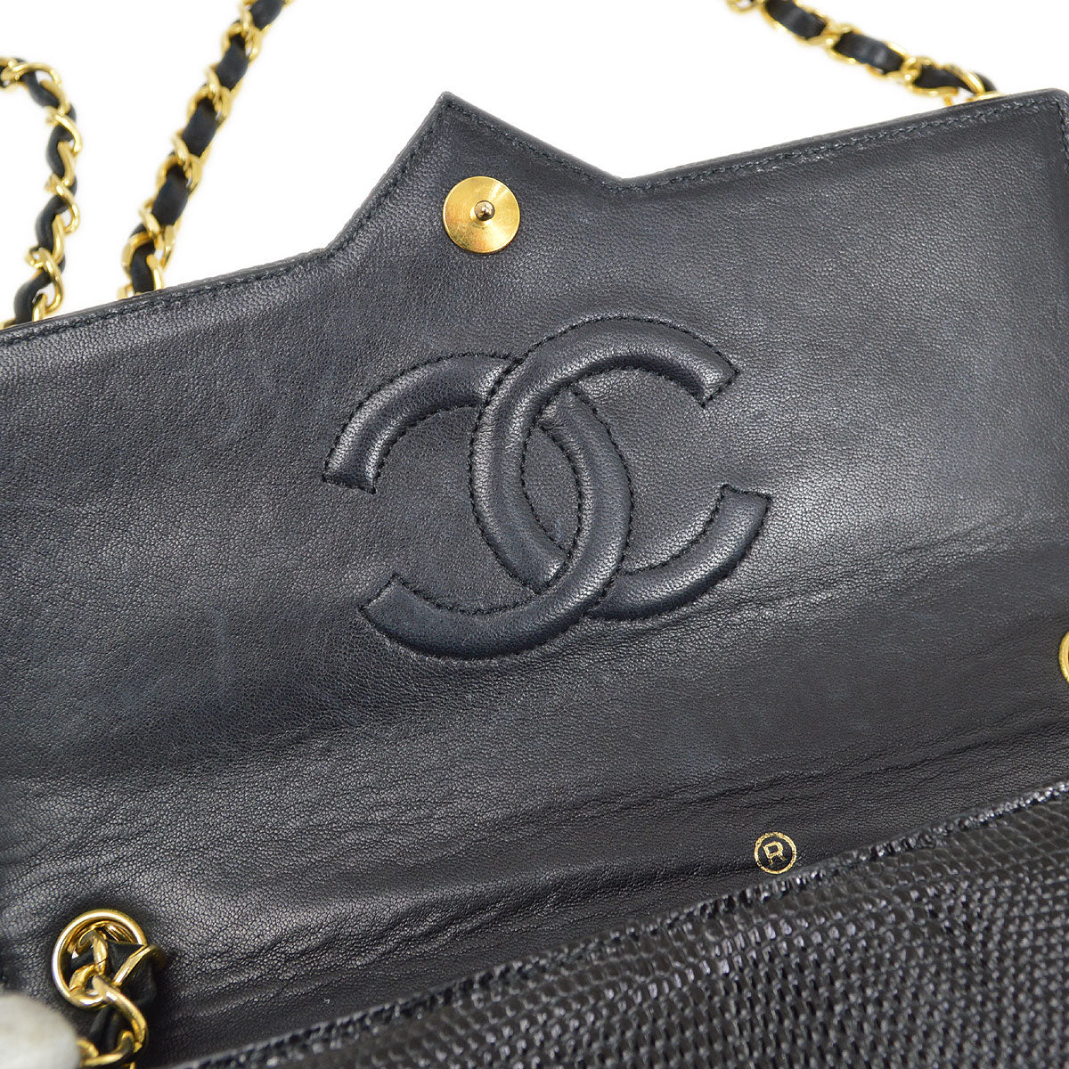 CHANEL 1989-1991 Black Lizard Pointed Flap Bag