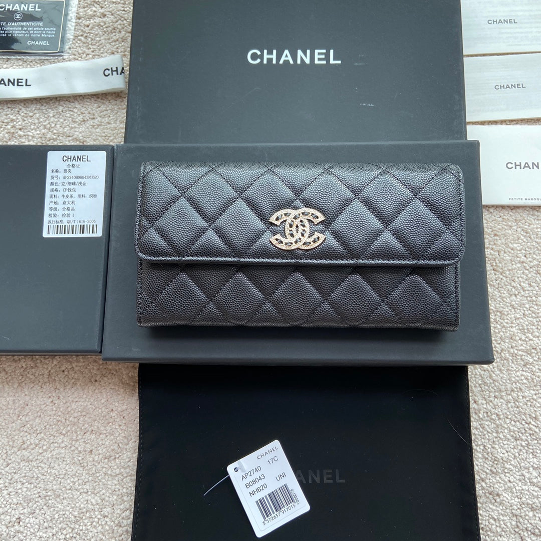 CHANEL Classic Long Wallet 19cm Black Grained Calfskin