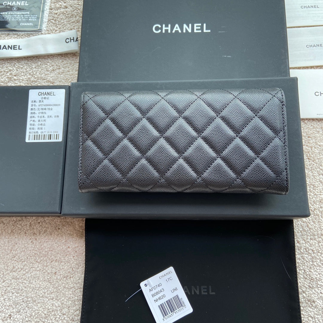 CHANEL Classic Long Wallet 19cm Black Grained Calfskin
