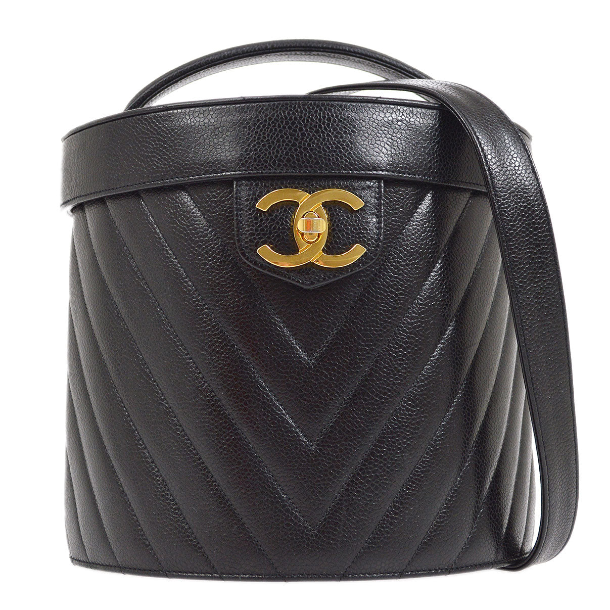 CHANEL 1996-1997 Black Caviar Chevron Vanity Handbag