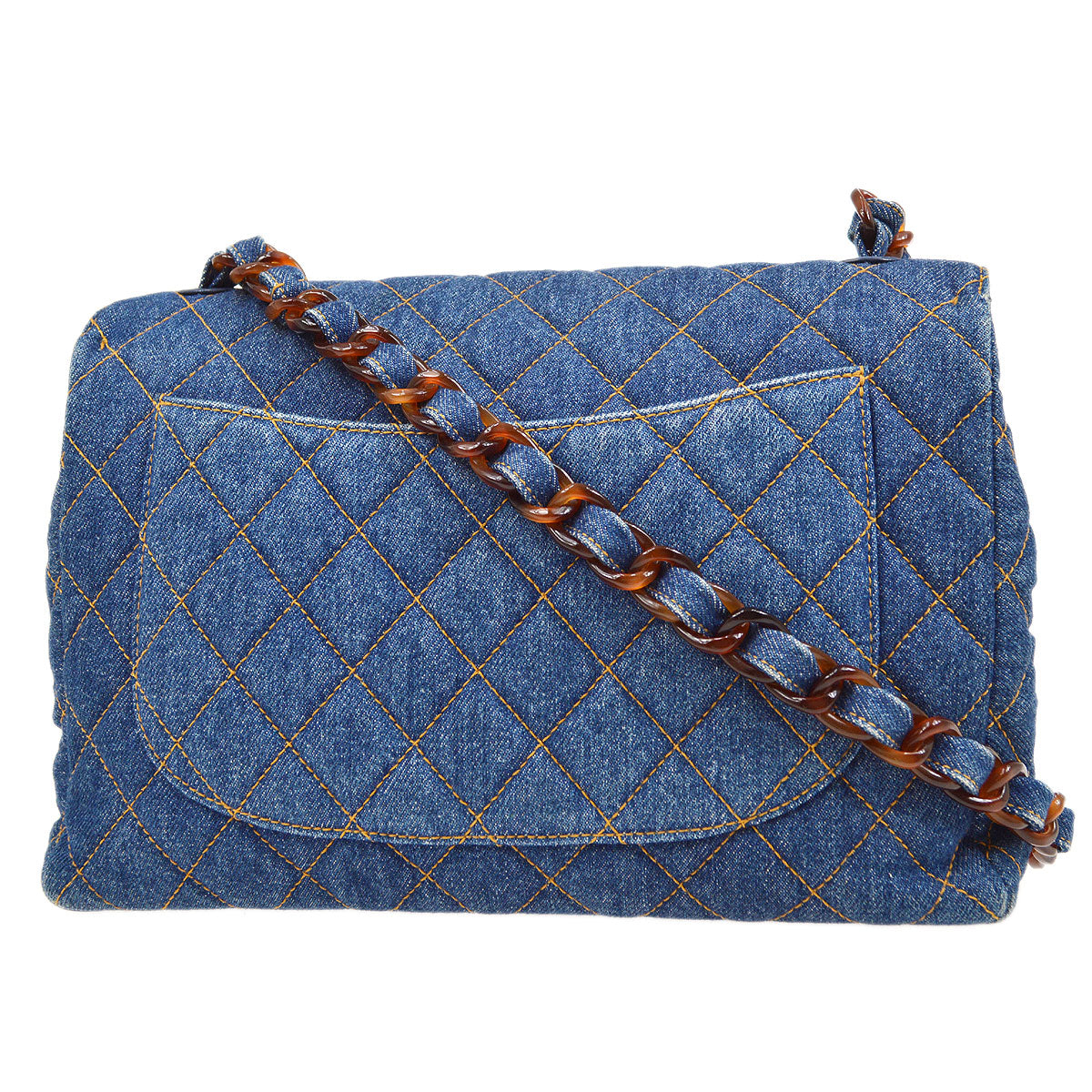 CHANEL 1996-1997 Denim Faux Tortoiseshell Chain Classic Flap Jumbo