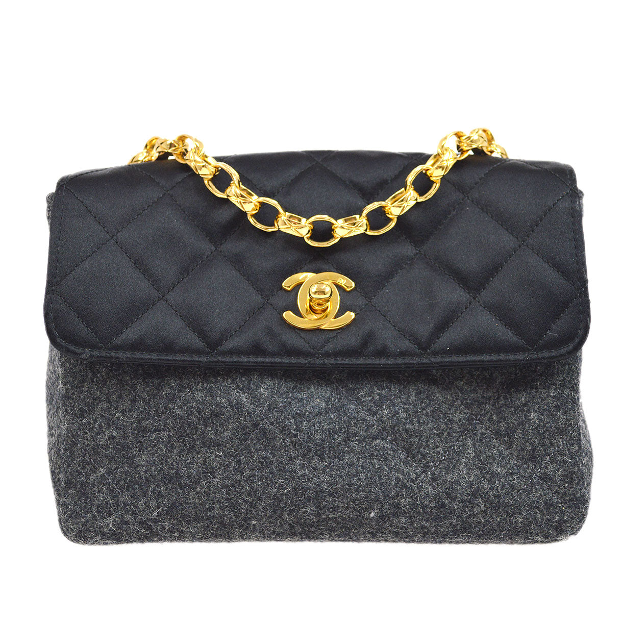 CHANEL 1989-1991 Black Satin Grey Wool Straight Flap Mini
