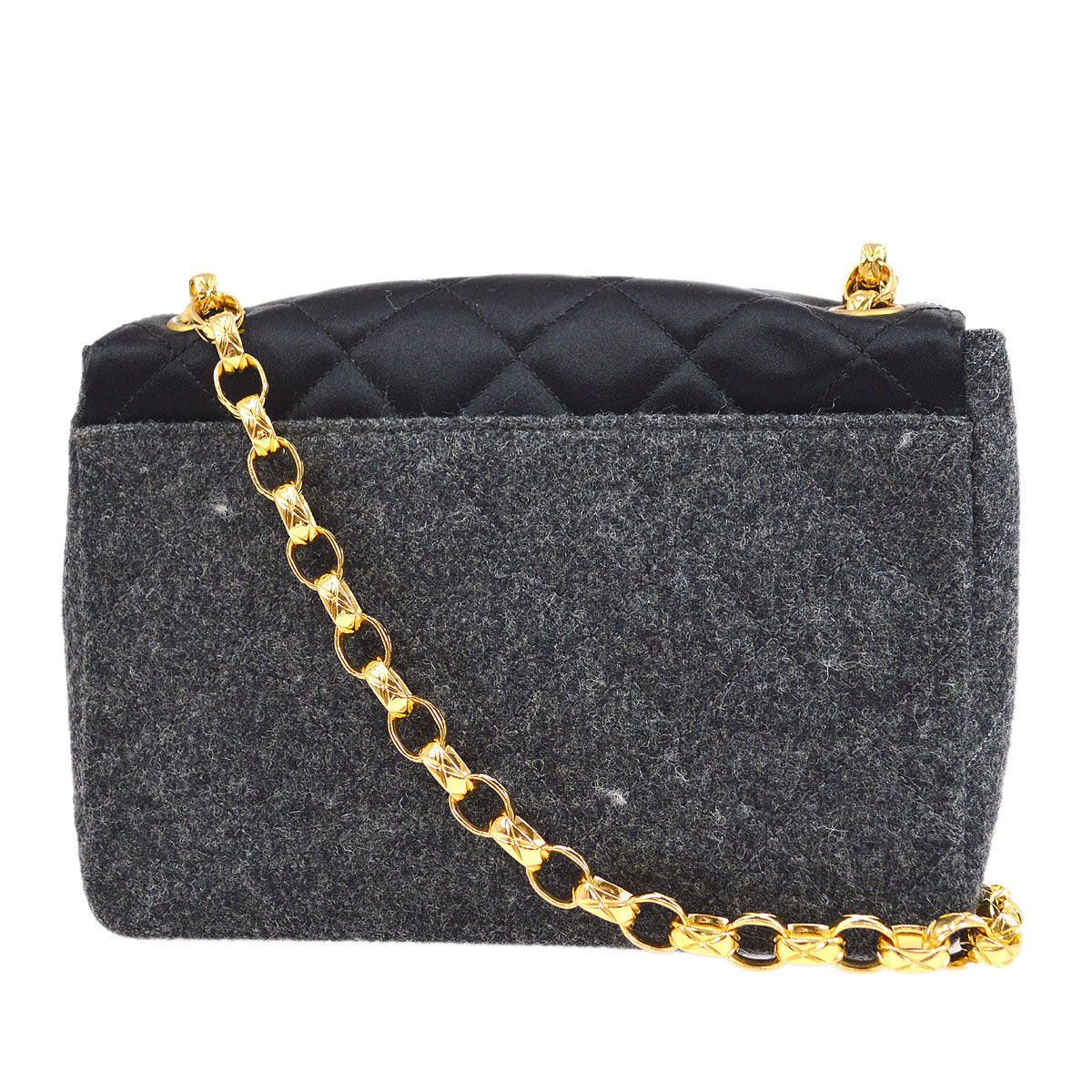CHANEL 1989-1991 Black Satin Grey Wool Straight Flap Mini