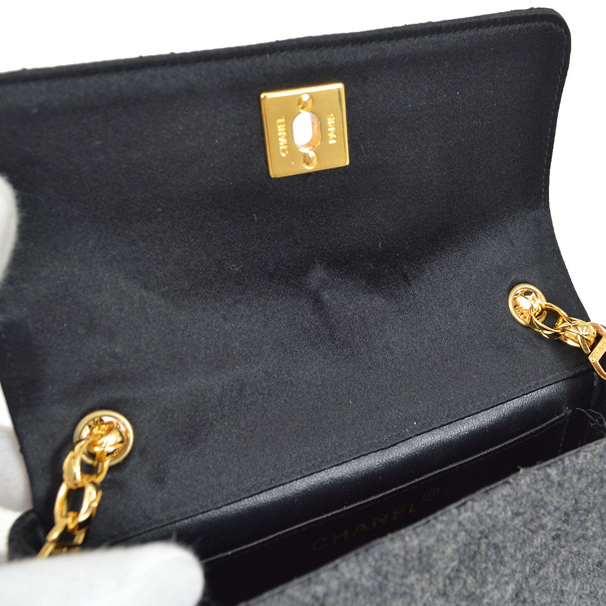 CHANEL 1989-1991 Black Satin Grey Wool Straight Flap Mini