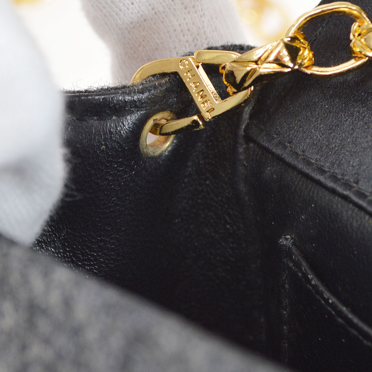 CHANEL 1989-1991 Black Satin Grey Wool Straight Flap Mini