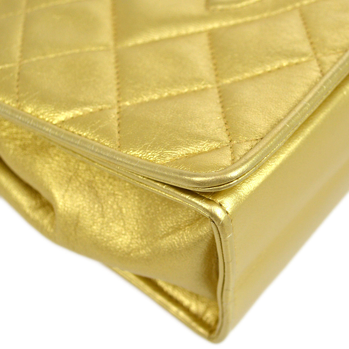 CHANEL 1989-1991 Gold Lambskin Diamond Full Flap