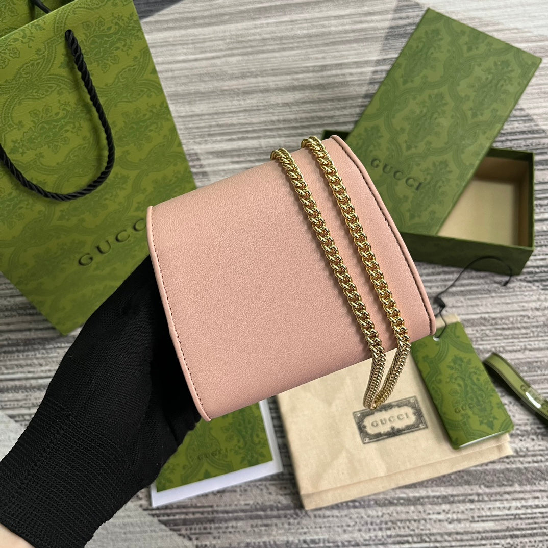 Gucci BLONDIE INTERLOCK MINI SHOULDER BAG 12 IN LIGHT PINK CALFSKIN GOLD CHAIN