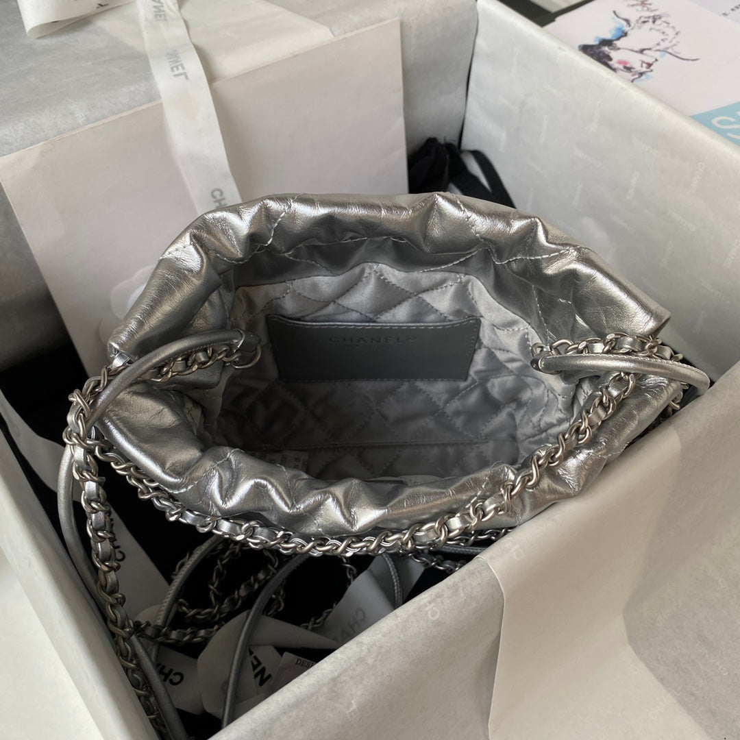 CHANEL 24S Hobo 22 Bag 20cm Silver Metalic Lambskin