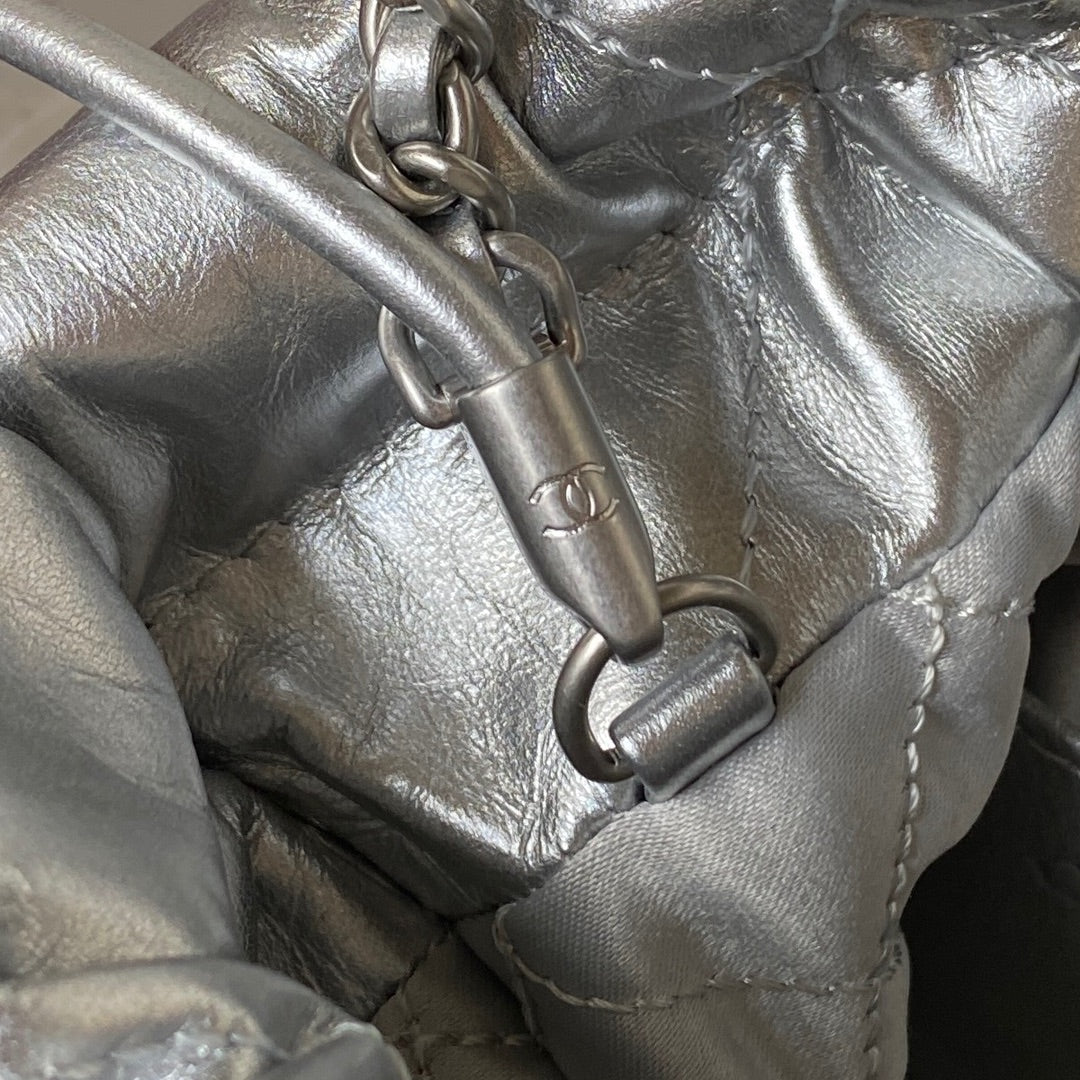 CHANEL 24S Hobo 22 Bag 20cm Silver Metalic Lambskin